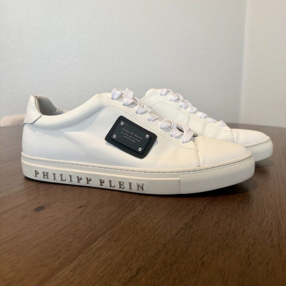 Philipp Plein White Leather Low Top Sneakers Skull Plaque Logo Men's Size 9